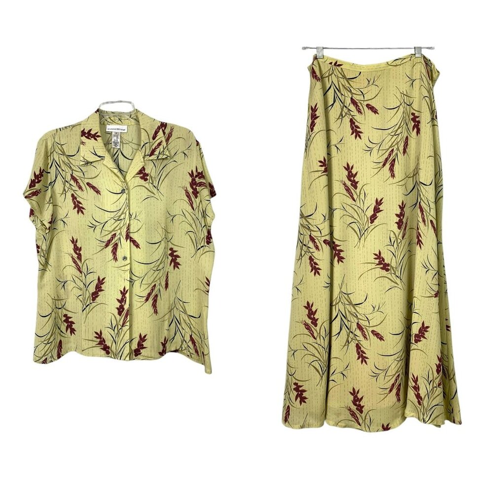 Evan-Picone Womens Size 14 Silk Two-Piece Floral Blouse & Skirt Set Vintage 100%